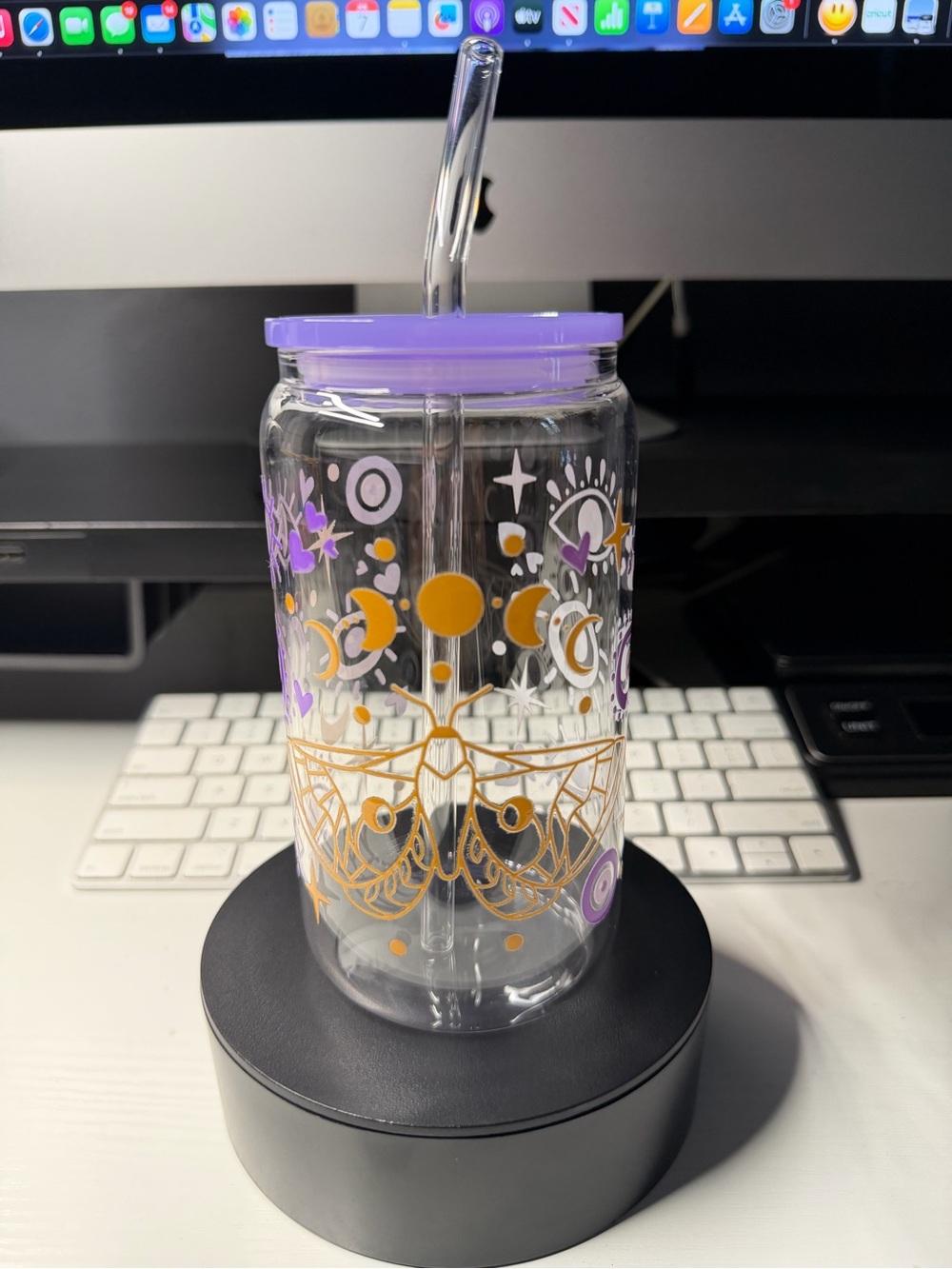 Celestial Moth clear glass tumbler with glass Straw.